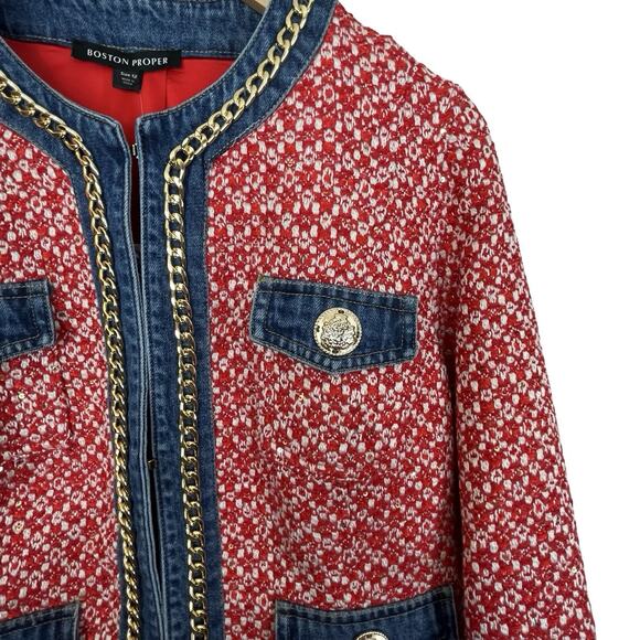 Boston Proper Jacket NWT Red Tweed Denim Trim Gold Chain Buttons Size 12 - Picture 10 of 15